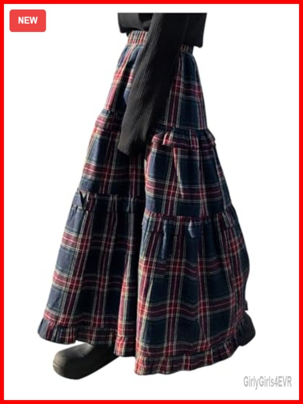 Women's Plaid Maxi Skirt Tiered Ruffle A-Line Flowy Long Elastic High Waist